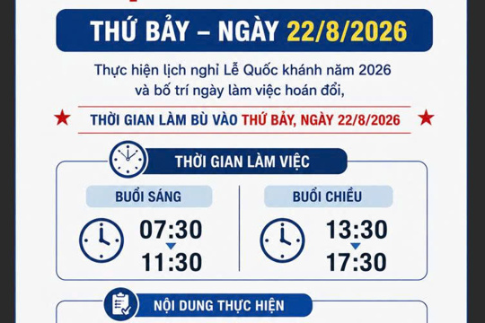 Trung tâm phục vụ hành chính công xã Kỳ Văn thông báo lịch làm bù ngày thứ bảy 22/8/2026