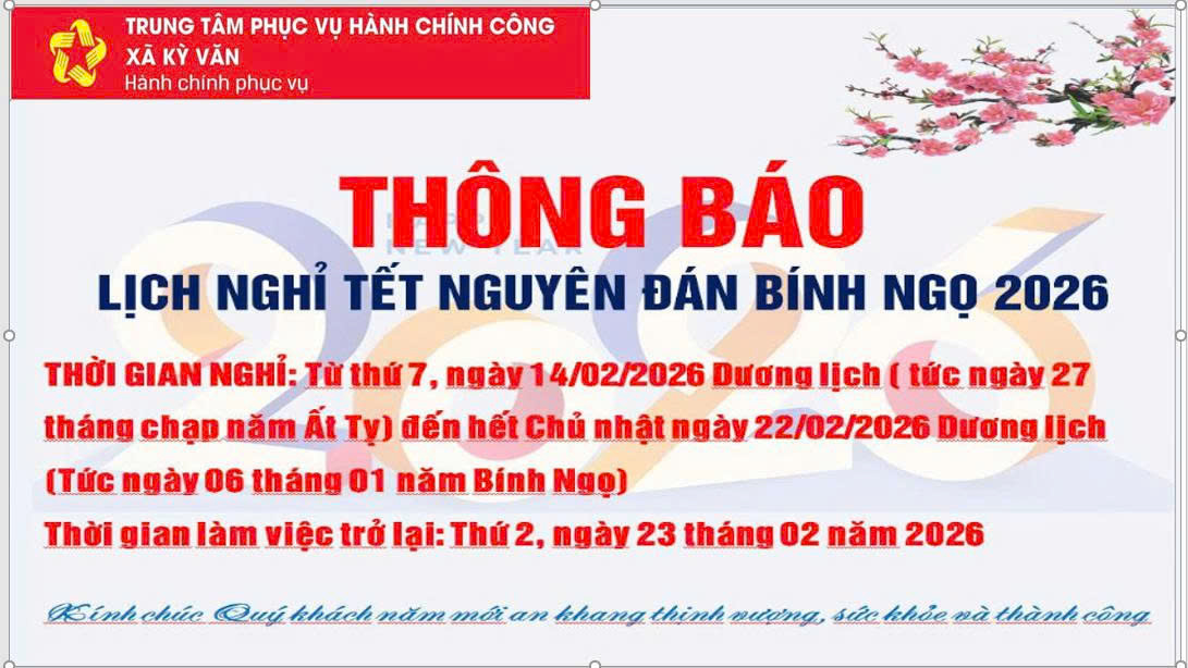 Trung tâm phục vụ Hành chính công xã Kỳ Văn thông báo thời gian nghỉ Tết Nguyên đán Bính Ngọ 2026 